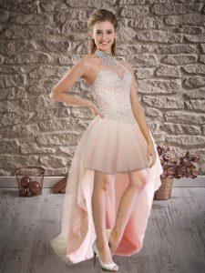 Dynamic Pink Tulle Lace Up Homecoming Gowns Sleeveless High Low Beading