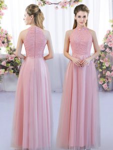 Elegant Pink Sleeveless Lace Floor Length Wedding Party Dress
