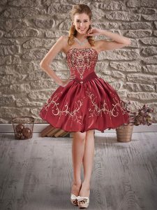 Sleeveless Taffeta Mini Length Lace Up Homecoming Dress Online in Wine Red with Embroidery