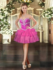 Sweetheart Sleeveless Prom Party Dress Mini Length Beading and Ruffled Layers Hot Pink Tulle