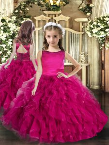 Fuchsia Lace Up Pageant Dresses Ruffles Sleeveless Floor Length