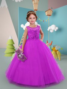 Floor Length Purple Flower Girl Dress Tulle Sleeveless Beading and Lace