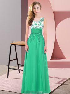 Wonderful Scoop Sleeveless Bridesmaids Dress Floor Length Appliques Turquoise Chiffon