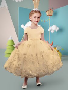 Beauteous Gold Flower Girl Dresses for Less Wedding Party with Lace Scoop Short Sleeves Lace Up