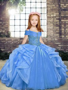 Popular Floor Length Blue Pageant Dress for Teens Straps Sleeveless Lace Up