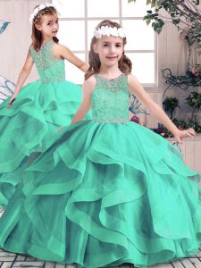 Hot Selling Floor Length Ball Gowns Sleeveless Aqua Blue Kids Pageant Dress Lace Up