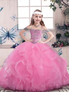 Lilac Little Girl Pageant Gowns Party and Sweet 16 and Wedding Party with Beading Off The Shoulder Sleeveless Lace Up