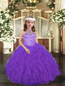 Customized Sleeveless Tulle Floor Length Lace Up Pageant Dress Wholesale in Purple with Beading and Ruffles