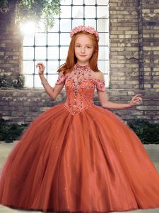 Amazing Rust Red Sleeveless Tulle Lace Up Little Girls Pageant Gowns for Party and Wedding Party