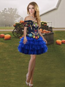 Sleeveless Organza Mini Length Lace Up Homecoming Dress in Royal Blue with Embroidery and Ruffled Layers