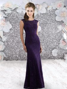 Fine Dark Purple Zipper Celebrity Evening Dresses Lace and Belt Sleeveless Floor Length