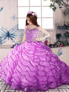Cute Lilac Straps Neckline Ruffled Layers Pageant Gowns For Girls Sleeveless Lace Up