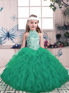 Green Pageant Dresses Party and Wedding Party with Beading and Ruffles High-neck Sleeveless Lace Up
