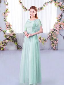 Glorious Short Sleeves Side Zipper Floor Length Lace and Belt Bridesmaid Dress