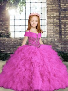 Hot Selling Lilac Straps Lace Up Beading and Ruffles Kids Formal Wear Sleeveless