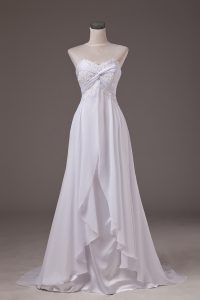Ideal White Lace Up Sweetheart Lace Wedding Dress Chiffon Sleeveless Sweep Train