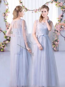 Amazing Floor Length Grey Bridesmaid Dress Scoop Sleeveless Lace Up