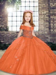 Sleeveless Tulle Floor Length Lace Up Little Girls Pageant Gowns in Orange with Beading