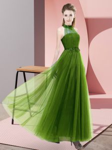 Unique Empire Bridesmaid Gown Olive Green Halter Top Tulle Sleeveless Floor Length Lace Up