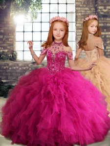 Sleeveless Tulle Floor Length Lace Up Little Girls Pageant Dress in Fuchsia with Beading and Ruffles