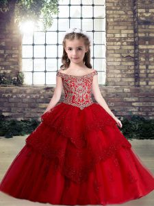 Nice Red Lace Up Off The Shoulder Lace and Appliques Pageant Dress for Teens Tulle Sleeveless