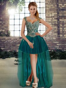 Unique Sleeveless High Low Beading Lace Up Red Carpet Gowns with Dark Green