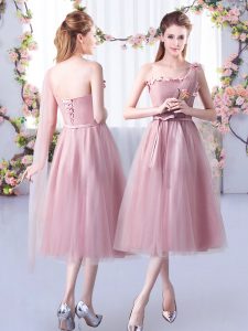 Fabulous Sleeveless Lace Up Tea Length Appliques and Belt Bridesmaid Dresses
