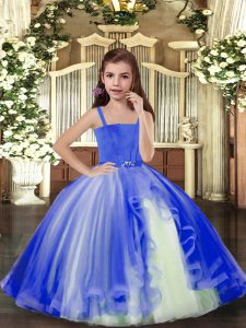 Trendy Floor Length Lace Up Little Girl Pageant Gowns Blue for Party and Sweet 16 and Wedding Party with Beading