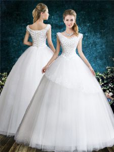Nice White Tulle Lace Up Wedding Dress Sleeveless Floor Length Lace and Appliques