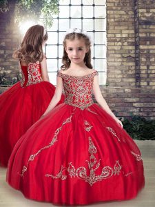 Floor Length Red Kids Pageant Dress Straps Sleeveless Lace Up