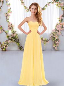 Fine Sweetheart Sleeveless Bridesmaid Gown Floor Length Ruching Gold Chiffon