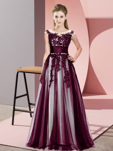 Suitable Sleeveless Tulle Floor Length Zipper Quinceanera Dama Dress in Dark Purple with Beading and Lace