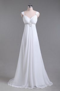 Low Price White Lace Up Straps Beading Wedding Gown Chiffon Sleeveless Brush Train