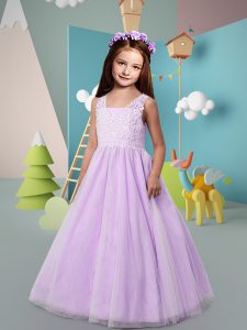 Low Price Lavender A-line Straps Sleeveless Tulle Floor Length Zipper Lace Flower Girl Dresses