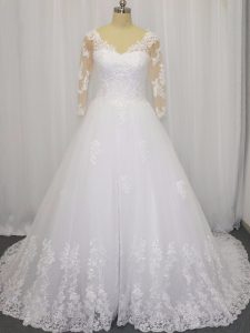 Modern White 3 4 Length Sleeve Beading and Lace Zipper Wedding Gowns