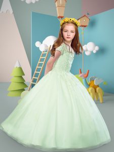 Admirable Tulle Short Sleeves Floor Length Flower Girl Dress and Lace