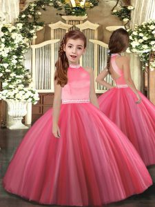 Tulle High-neck Sleeveless Zipper Beading High School Pageant Dress in Coral Red