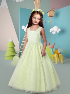 Yellow Green Tulle Zipper Straps Sleeveless Floor Length Flower Girl Dresses for Less Lace