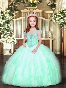 Best Sleeveless Tulle Floor Length Lace Up Pageant Dress for Teens in Apple Green with Beading and Ruffles