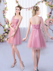 Mini Length Lace Up Wedding Party Dress Pink for Wedding Party with Appliques and Belt