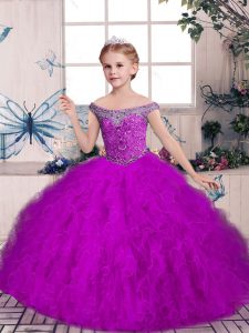 Purple Tulle Lace Up Off The Shoulder Sleeveless Floor Length Pageant Gowns For Girls Beading and Ruffles