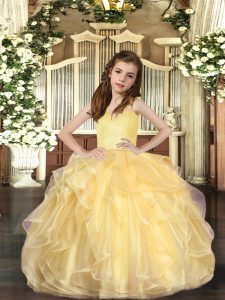 Simple Gold Ball Gowns Straps Sleeveless Organza Floor Length Lace Up Ruffles Little Girl Pageant Gowns