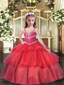 Classical Floor Length Red Child Pageant Dress Organza Sleeveless Beading and Ruffled Layers