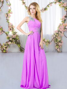 One Shoulder Sleeveless Bridesmaid Dresses Floor Length Beading Lilac Chiffon