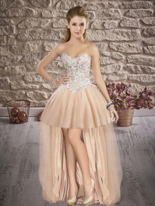 Champagne Tulle Lace Up Sweetheart Sleeveless High Low Beading and Lace