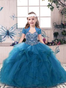 Floor Length Lace Up Pageant Dress Toddler Blue for Party and Sweet 16 and Wedding Party with Beading and Ruffles