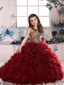 Stunning Floor Length Wine Red Little Girls Pageant Dress Wholesale Scoop Sleeveless Lace Up