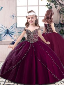 Burgundy Straps Neckline Beading Little Girls Pageant Dress Wholesale Sleeveless Lace Up