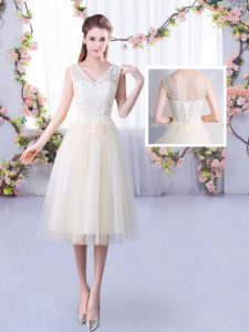 Pretty Lace Quinceanera Dama Dress Champagne Lace Up Sleeveless Tea Length