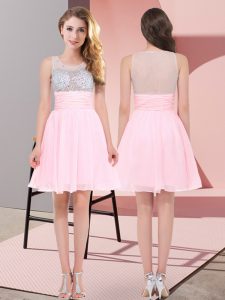 Customized Mini Length Baby Pink Wedding Party Dress Chiffon Sleeveless Beading